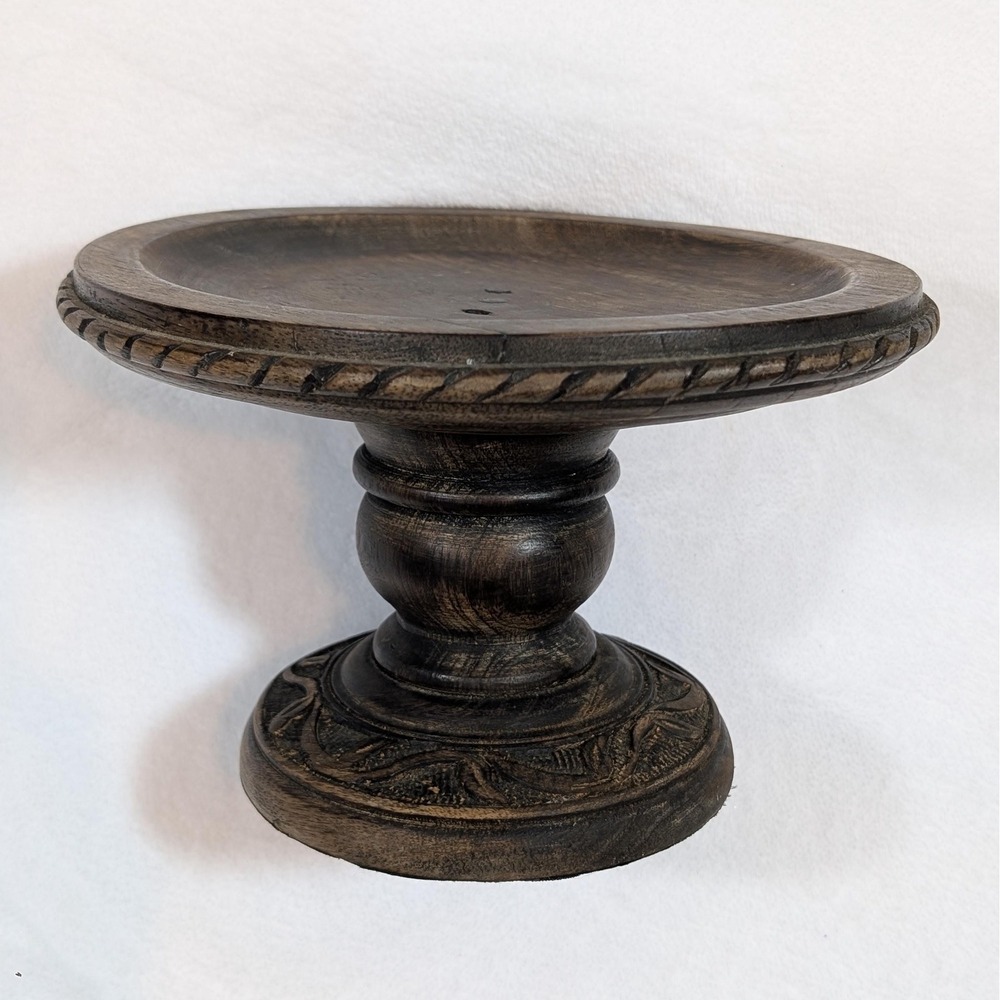Fitz and Floyd Hand-Carved Wooden Serving Pedestal Cake‎ Stand Decorative 6.75"